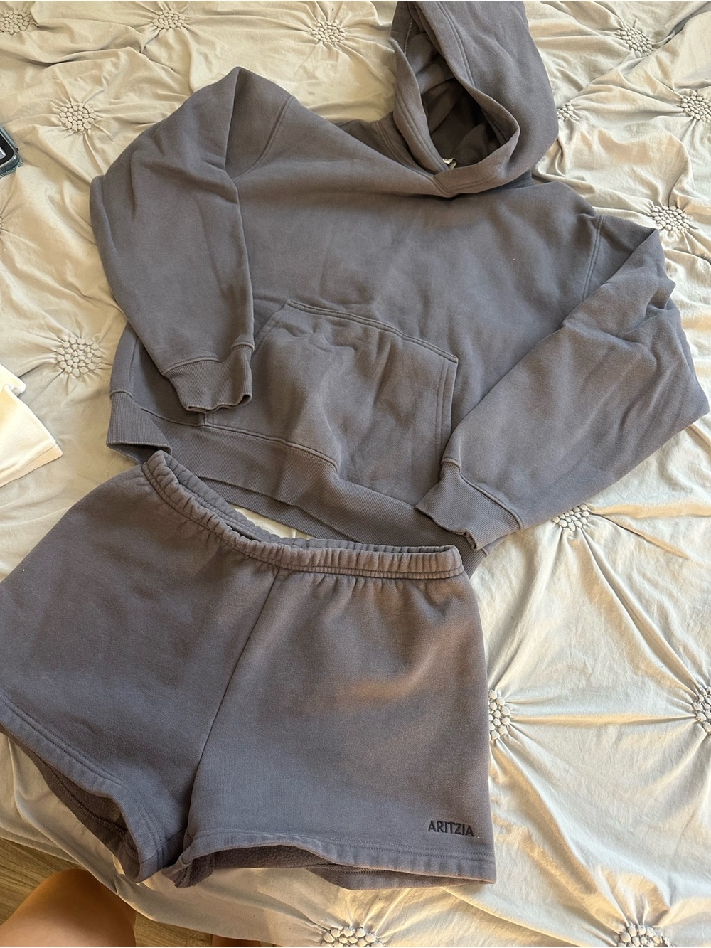 Aritzia Gray Cropped Hoodie & Elastic Waist Shorts Set